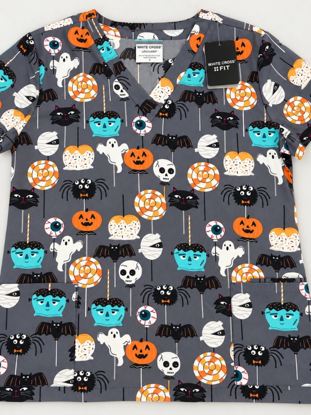 NWT White Cross FIT L Halloween Print V Neck Stretch Pocket Scrub Top